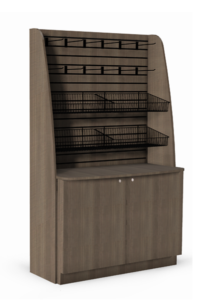 This image displays the Free Standing Arch Side Merchandiser Cabinet Base featured with hooks and baskets to display product or food items.