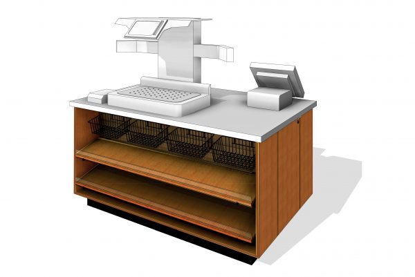 This image contains a point of sale double sided merchandiser unit. The unit contains slatwall merchandising that can be equipped with a hardware package containing product display hooks, merchandising baskets, and shelving constructed of laminated melamine to fit the interior width of the unit.