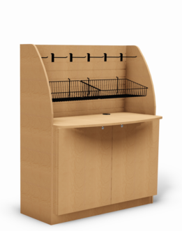 Short merchandiser with locking storage base for micro market installations in the middle of rooms or at windows