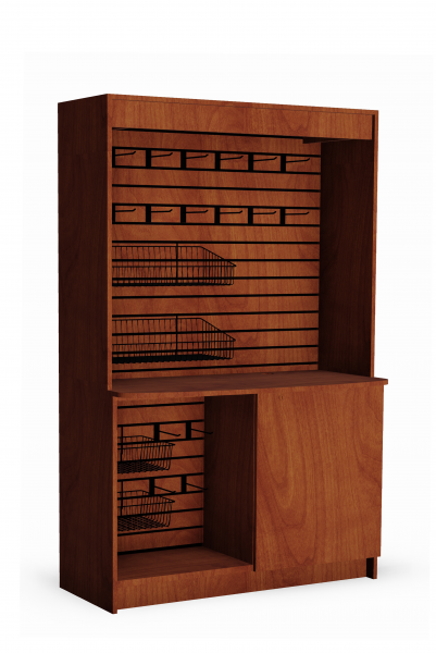 Micro market coffee service cabinet with laminated counter top and under counter storage
