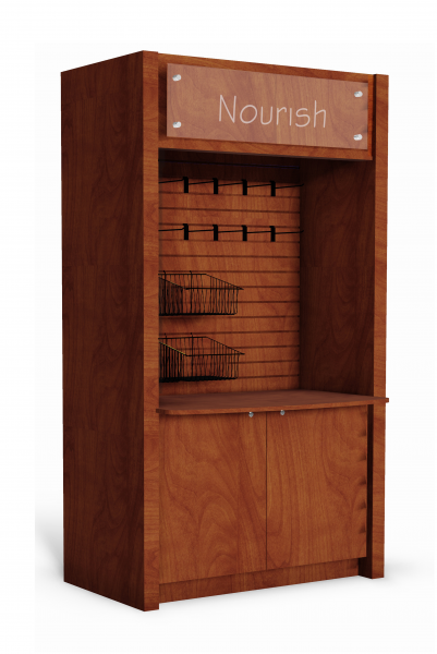 In Line series merchandiser with counter top and full width storage cabinet base
