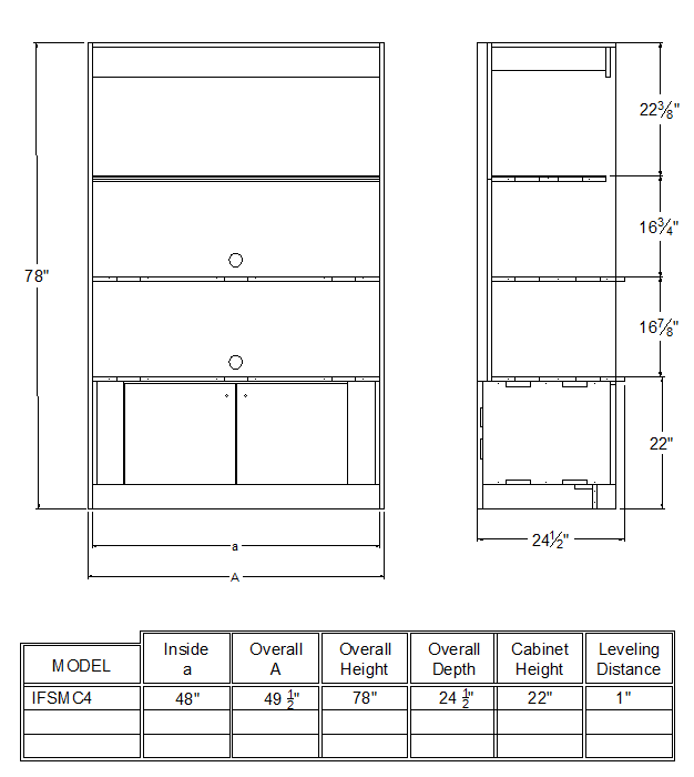breakroom microwave cabinet for four microwaves line drawing with dimensions