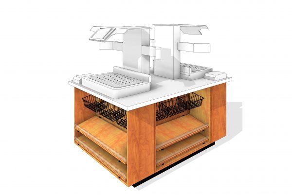 point of sale Triple Sided Merchandiser equipped with baskets and shelving with acrylic product stops used to hold snacks and micro market items.