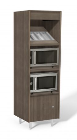 Picture of commercial microwaves stacked with condiment trays above and storage cabinet below for break rooms on stainless steel legs