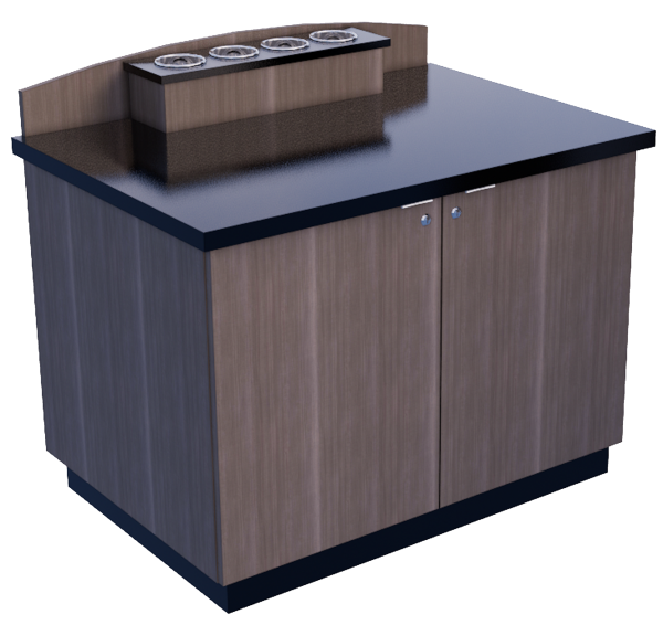 A wide condiment conuter with arched back and four stainless steel cups for holding condiments, silverware, or whatever fits your needs. The cabinet also has large capacity storage that is able to be locked.