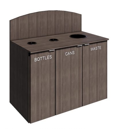 triple wide waste receptacle with 2 bins for recycling bottles and can and the third bin for trash waste