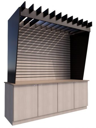 Countertop Hutch with Pergola Style enclosure to add design to a micro-market and hide accent lighting if requested