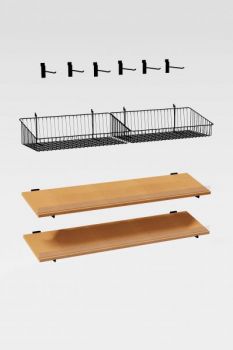 Hardware Package B - Hooks, Baskets, & Shelves for short 60" tall 48" wide merchandise display fixtures with or without a counter top.