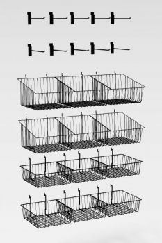 Hardware Package A - Baskets & Hooks for 36" to 42" wide merchandising display fixtures with or without a counter top.