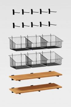 Hardware Package B - Shelves, Baskets & Hooks for 36" to 42" wide merchandising display fixtures with or without a counter top.