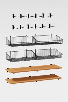 Hardware Package B - Shelves, Baskets & Hooks for 48" wide merchandising display fixtures with or without a counter top.